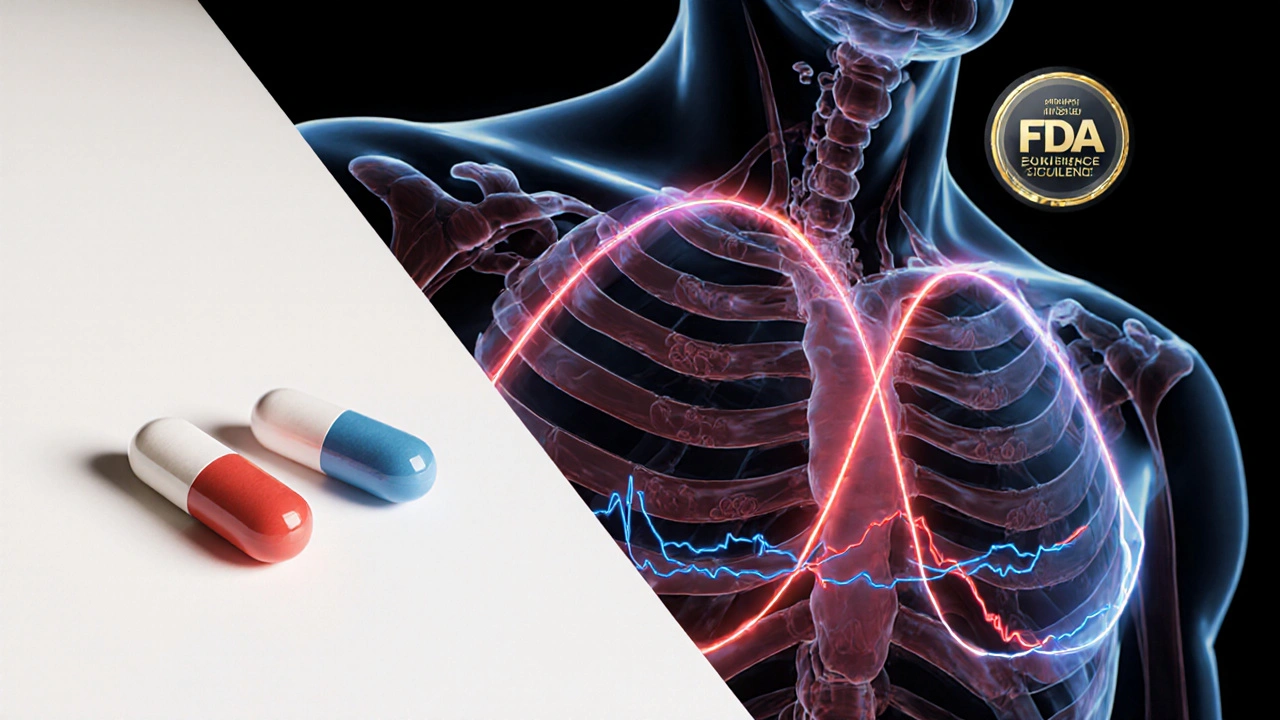 Generic and brand pills beside overlapping bloodstream curves showing perfect bioequivalence.