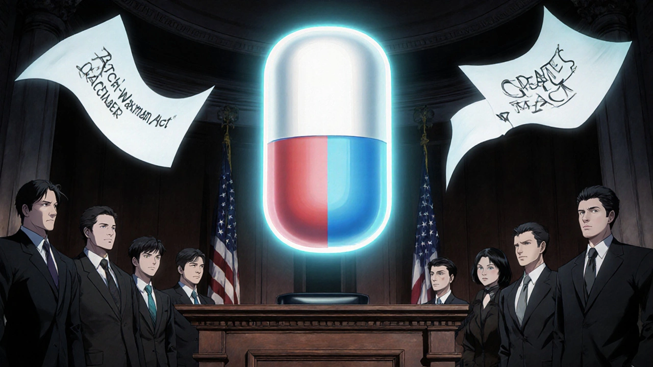Giant holographic pill split between brand and generic in a courtroom, legal documents floating in background.