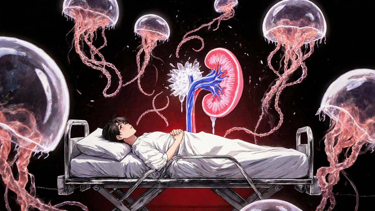 Patient in hospital surrounded by glowing E. coli jellyfish bacteria attacking a damaged kidney.