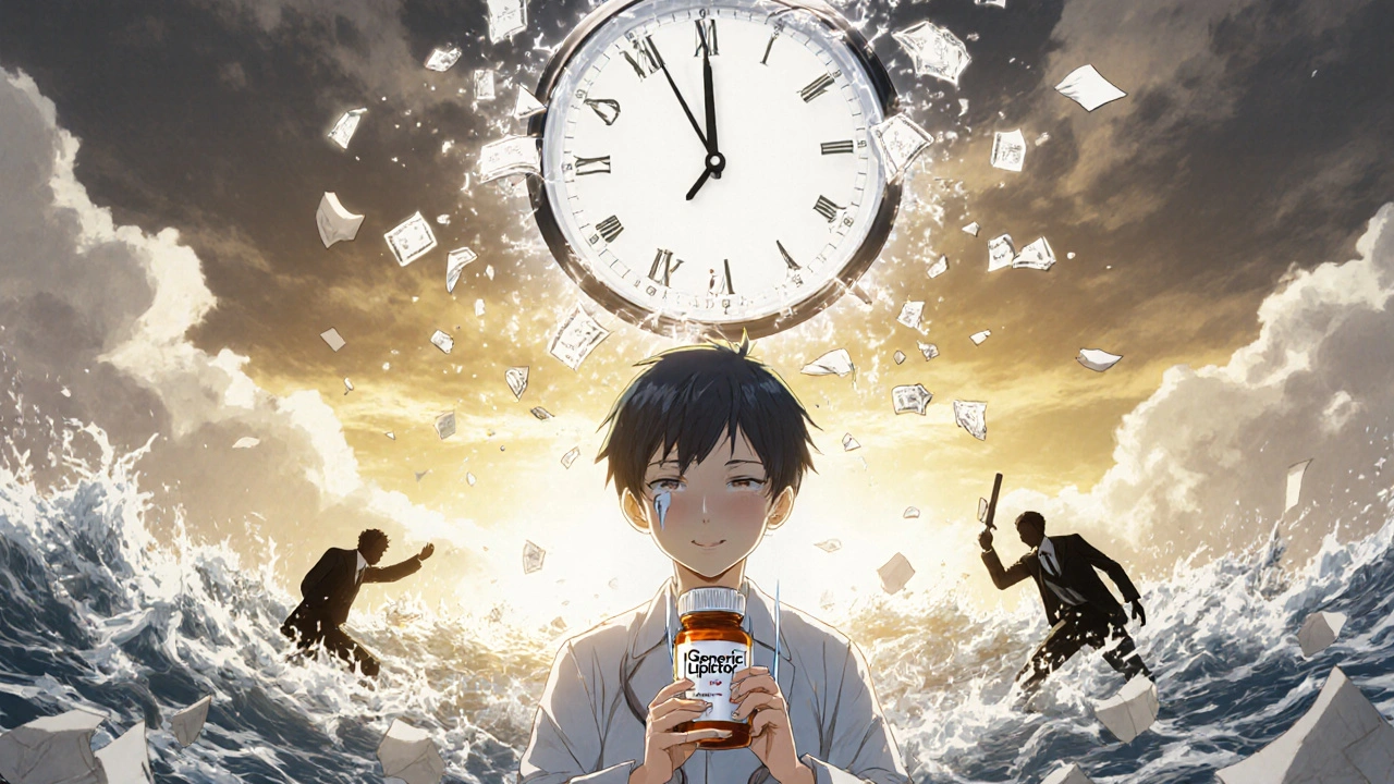 Patient receiving affordable pills as a shattered 180-day clock releases a cascade of medication.