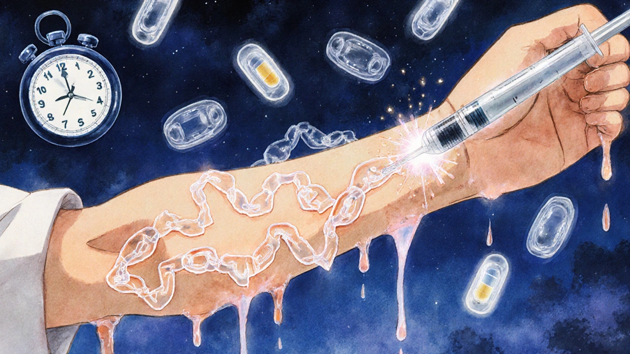 Person receiving an HIV injectable with fading viral chains and ghostly reminders of missed doses.