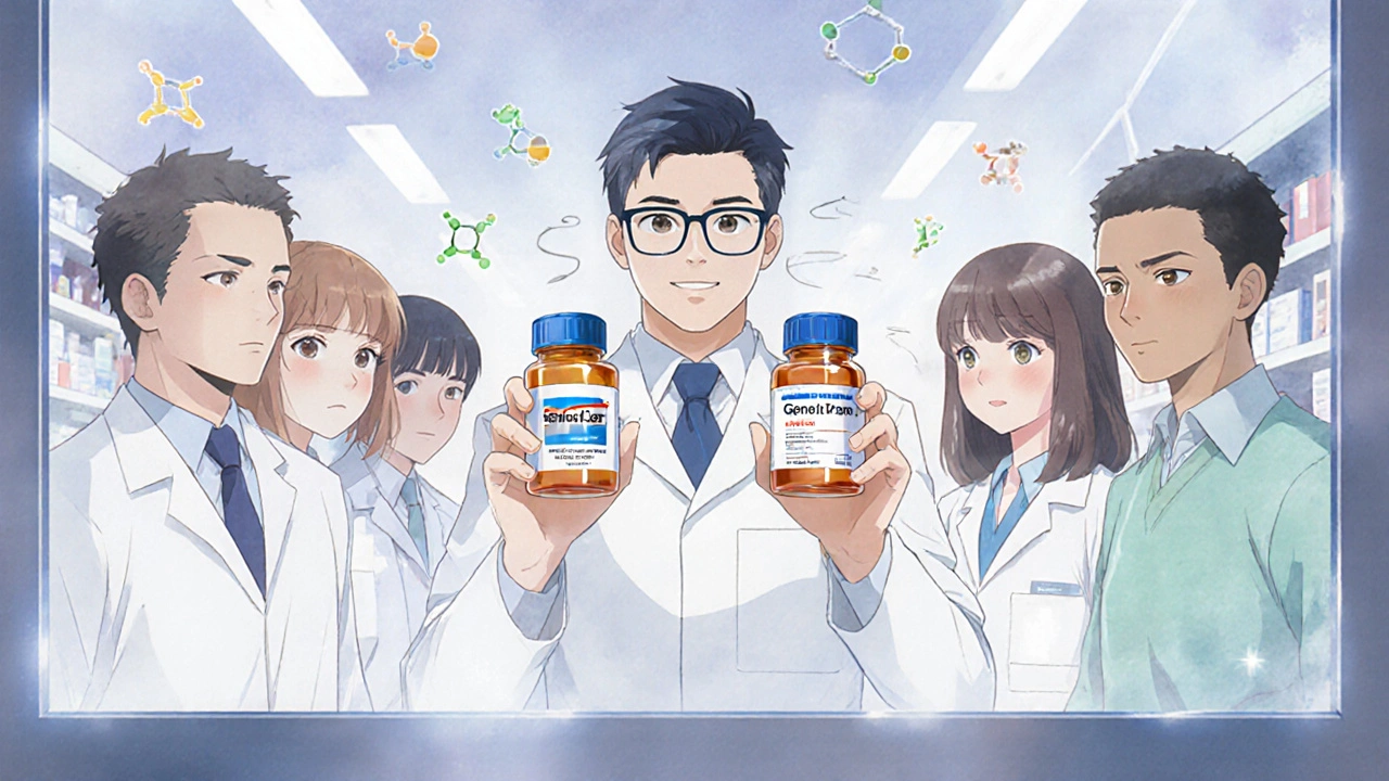 Pharmacist holding two identical pill bottles, patients watching in confusion, one branded and one generic.