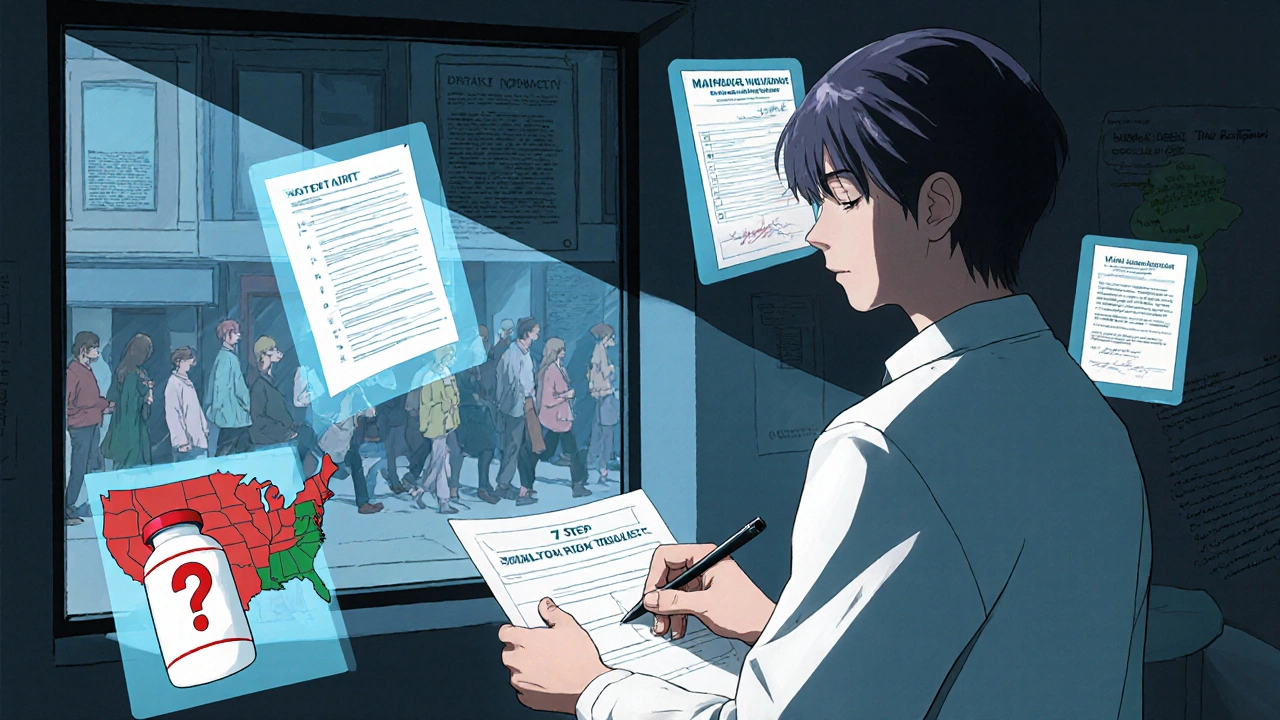 Pharmacist surrounded by holographic risk-reduction tools and U.S. liability map, illuminated in a dim back room.