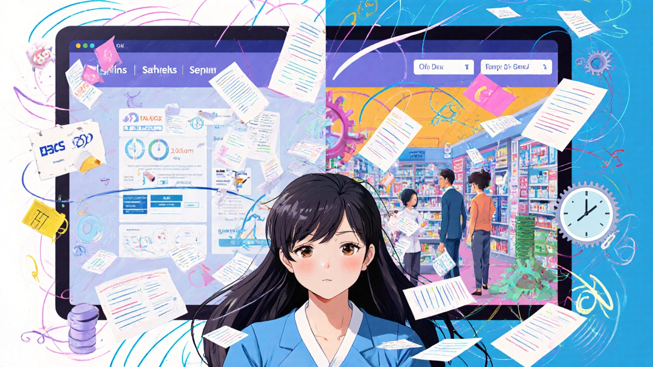 Psychiatrist overwhelmed by digital compliance icons, split scene of easy vs. blocked access.