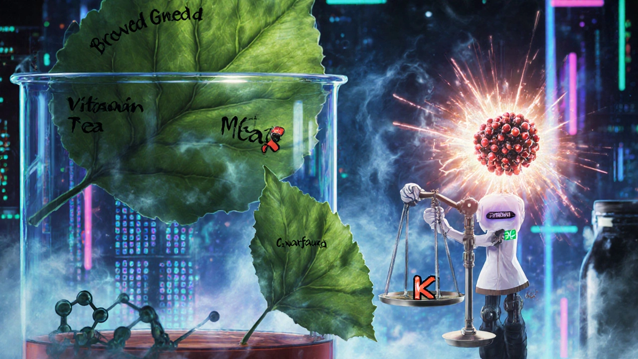 Scientific illustration of brewed tea and matcha with vitamin K molecules affecting blood clotting.