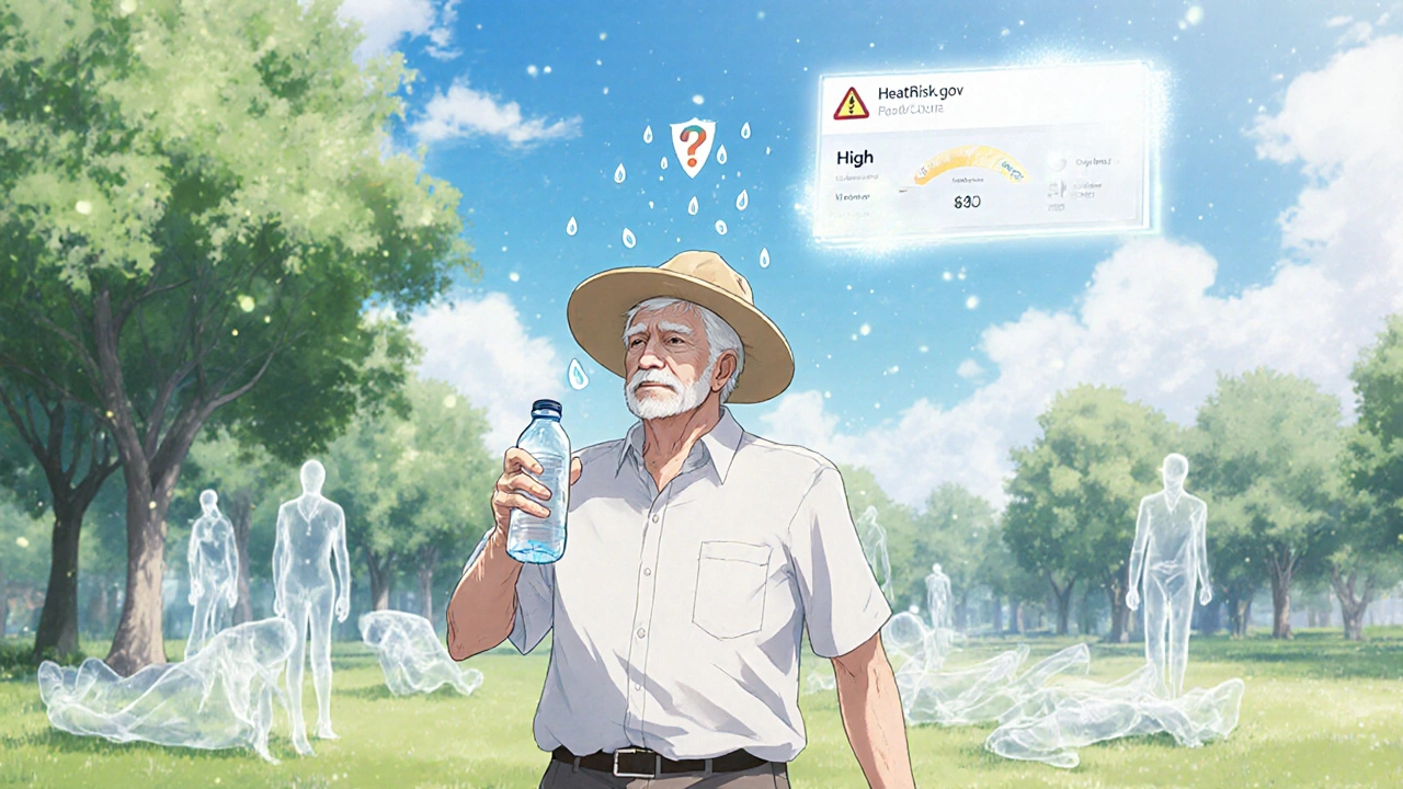 Senior walking in park with water bottle and health shield, digital risk score in sky above.