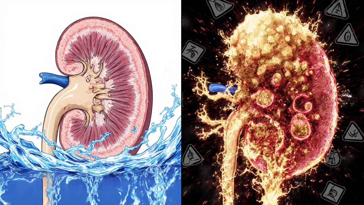 Split image: healthy kidney vs. kidney consumed by sugar-fed yeast mold.