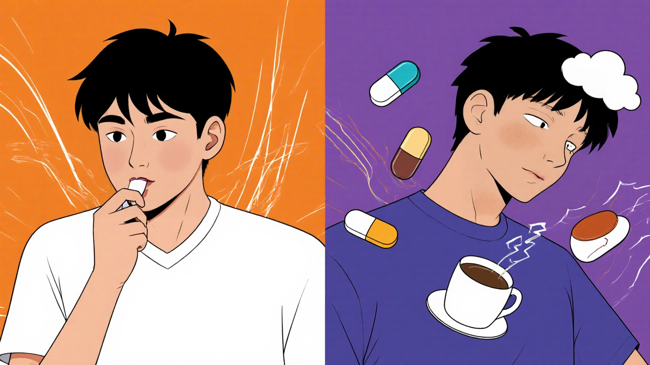 Split scene comparing once-daily olanzapine with multiple daily pills of other antipsychotics, showing contrasting side effects.