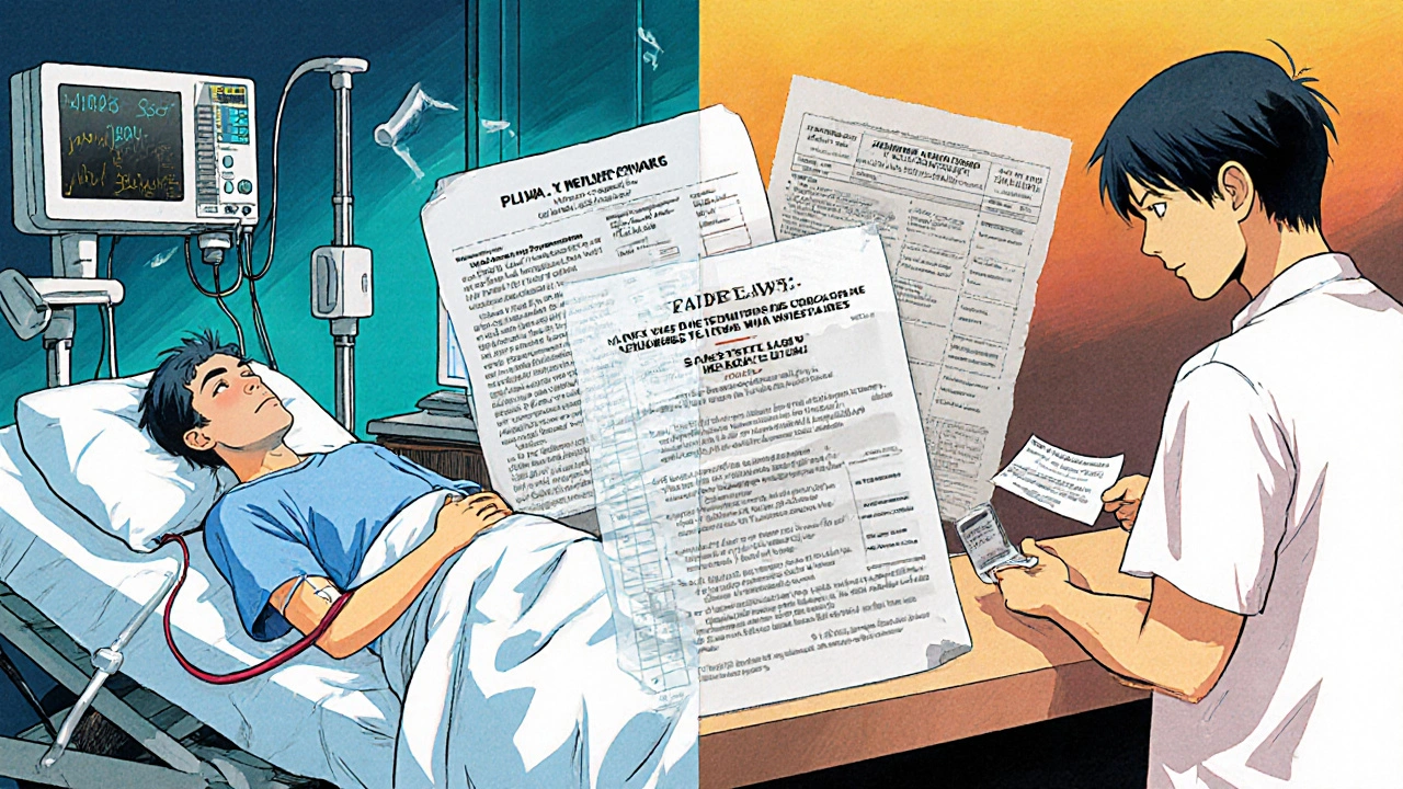 Split scene: patient having a seizure in hospital vs. receiving generic meds at pharmacy, with legal documents breaking apart.