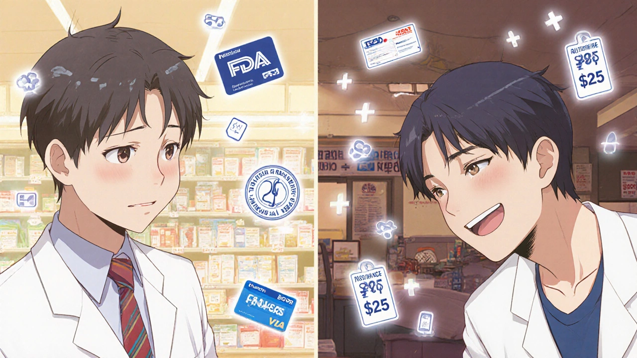 Split scene: patient paying  vs  for same medication, floating price tags and insurance icons.