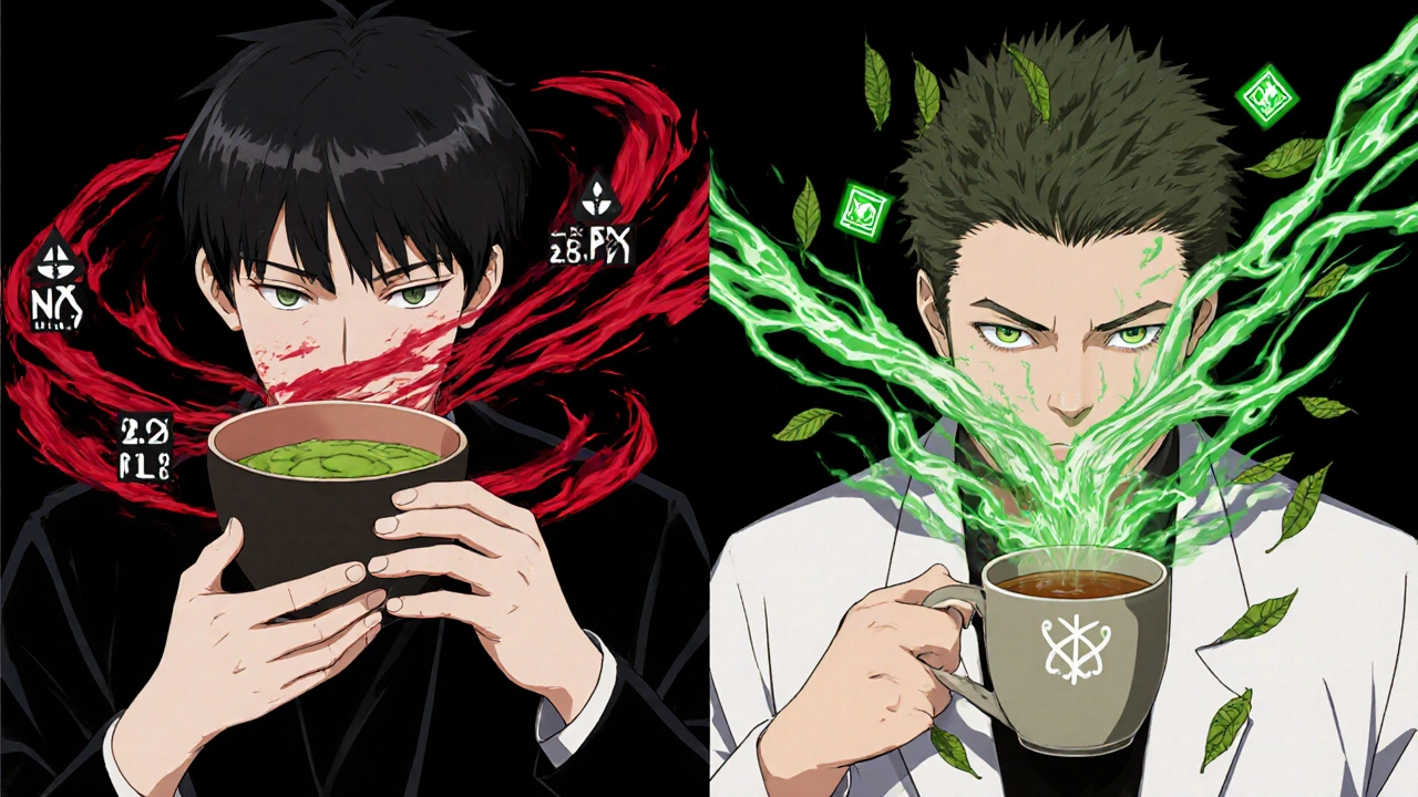 Split-screen comparison of matcha causing INR drop vs. green tea maintaining balance.