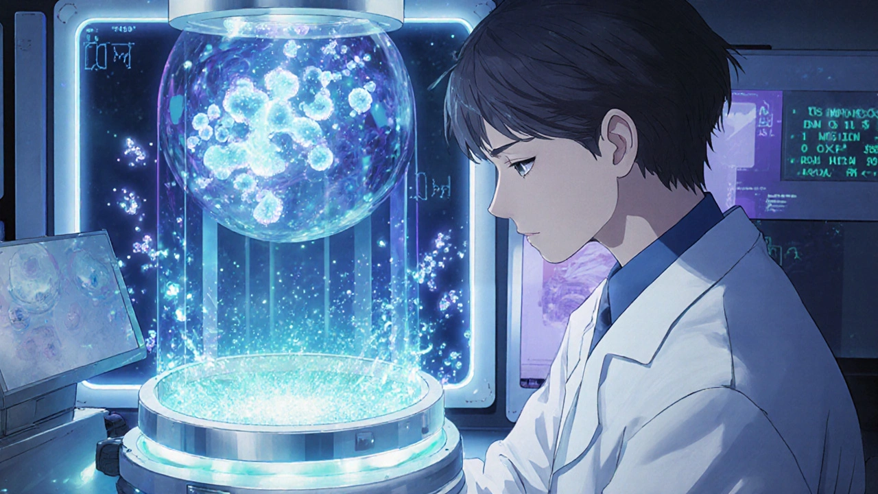 Technician analyzing drug molecules in a high-tech LC-MS/MS laboratory with glowing visuals.