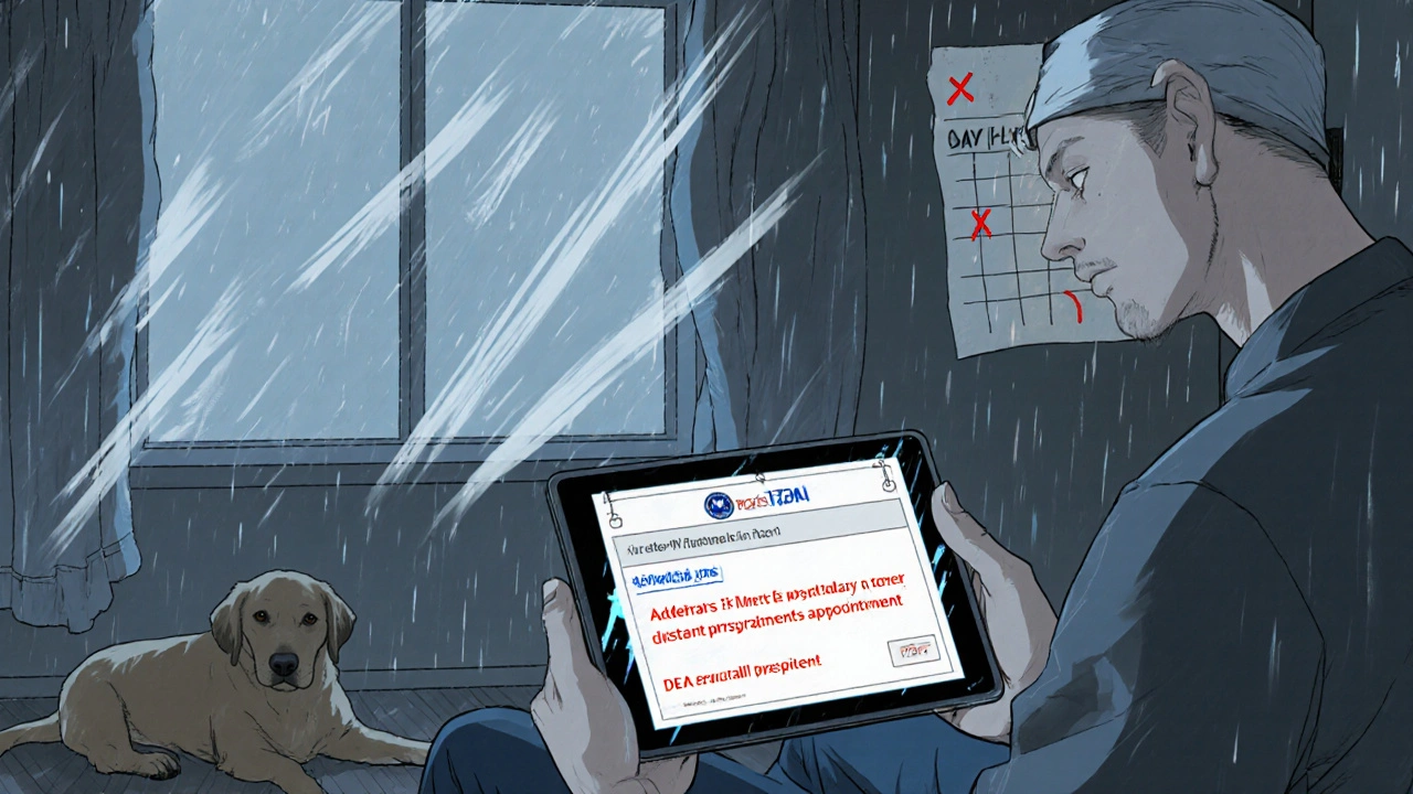 Veteran in rural home seeing denied Adderall refill on tablet, rain on window, calendar marked.