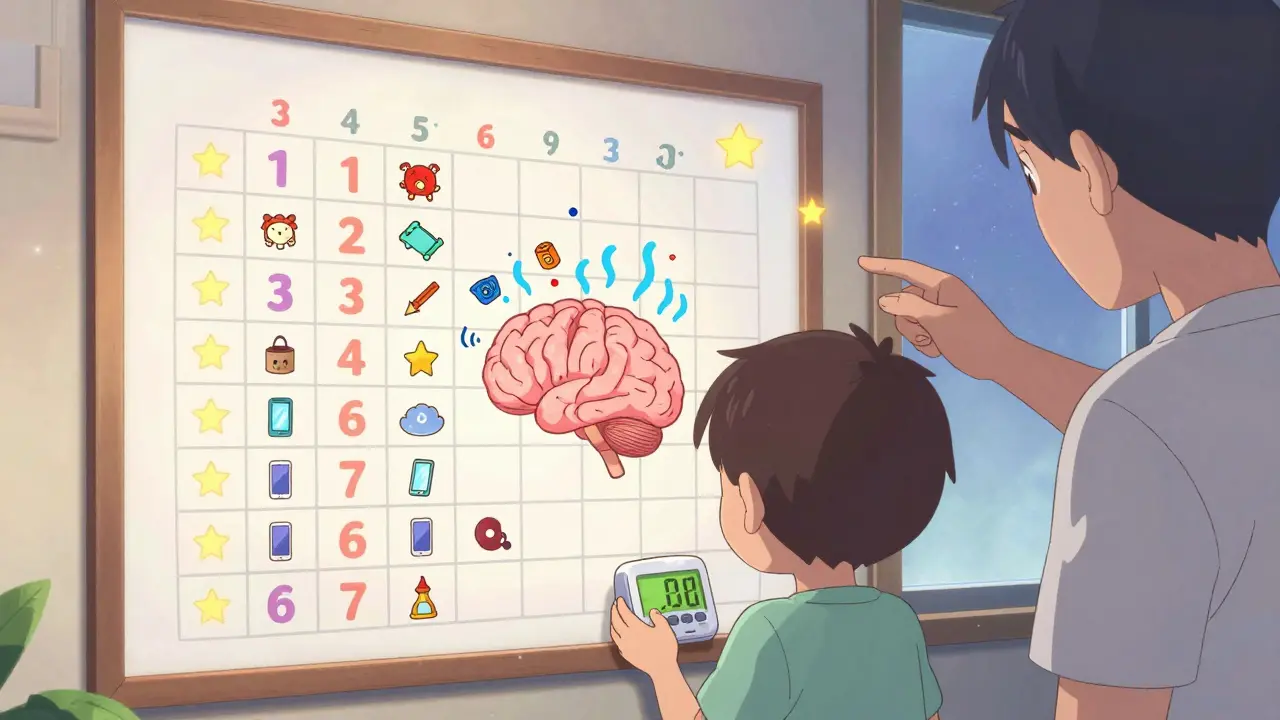 A child using a timer with a parent, distractions turning into organized stars.