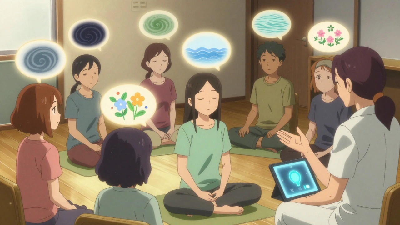 A diverse group in therapy with glowing thought bubbles showing emotional shifts.