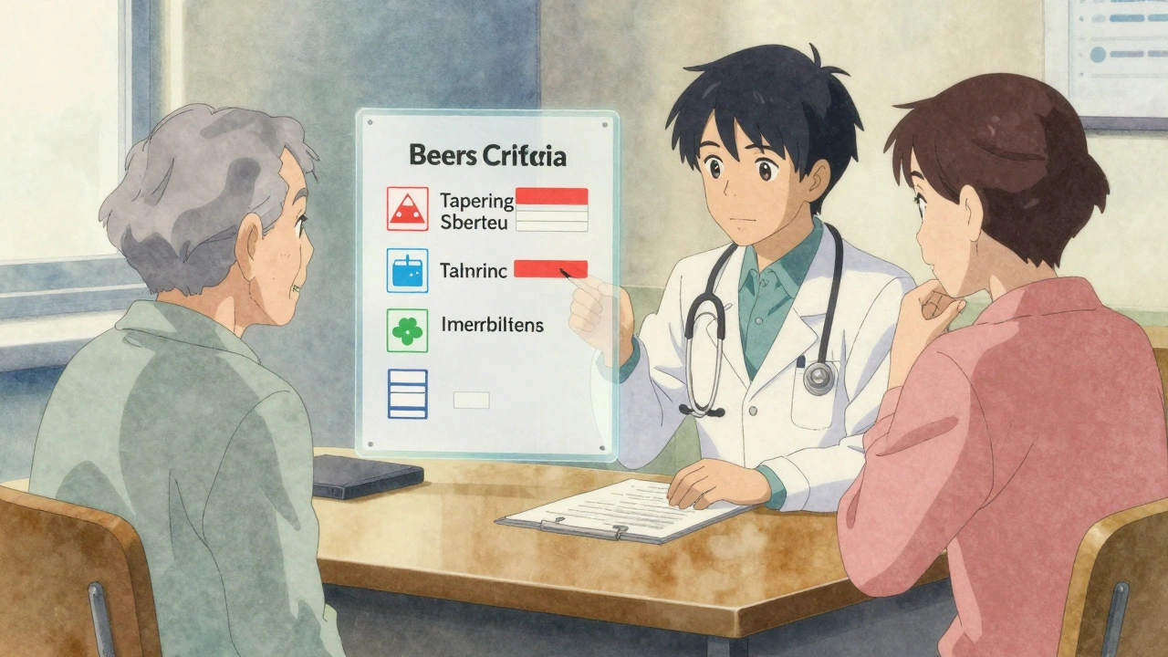 A doctor and patient discussing medication reduction, with a floating checklist showing deprescribing steps.