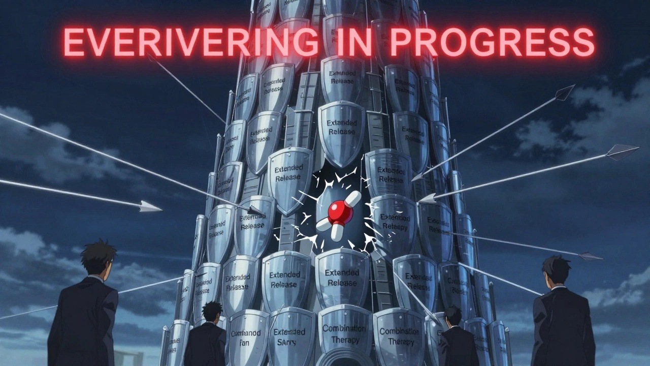 A fortress of secondary patents blocking a generic drug, with legal arrows freezing time in loops.