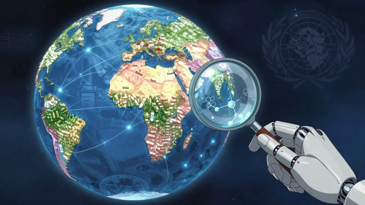 A globe made of pills connects India to the world, with molecular structures glowing inside a magnified tablet.