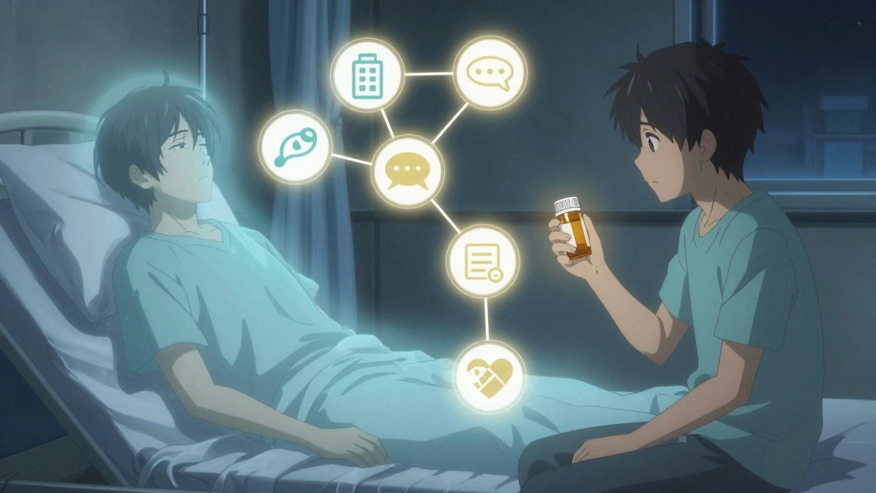 A man on a hospital bed as his past self fades away, replaced by glowing icons of support and reminders.