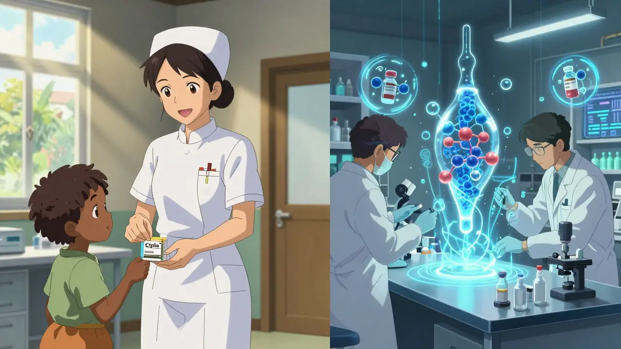 A nurse in Africa gives a child medicine from India, while scientists in a high-tech lab analyze biosimilar molecules.