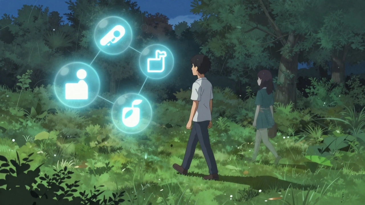 A person walking through a park with floating icons of healthy habits glowing around them.