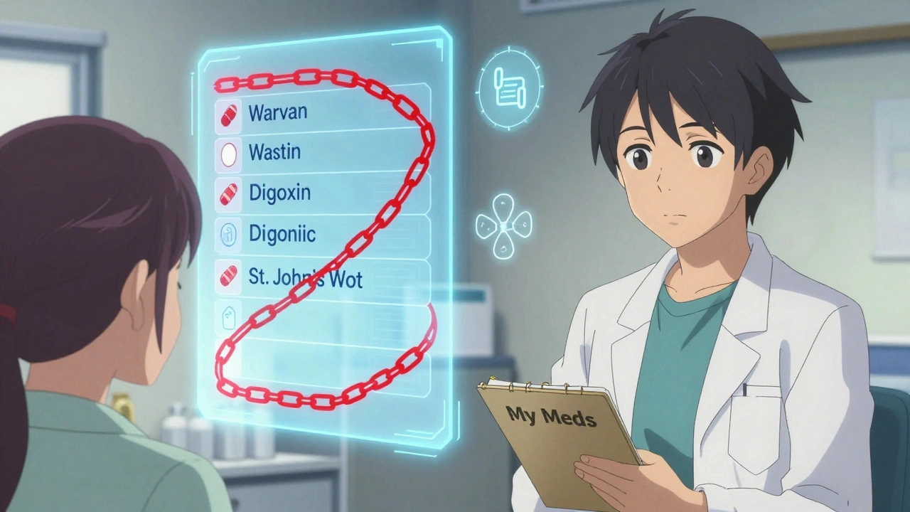 A pharmacist and patient reviewing a holographic medication list with red warning chains between dangerous drug interactions.