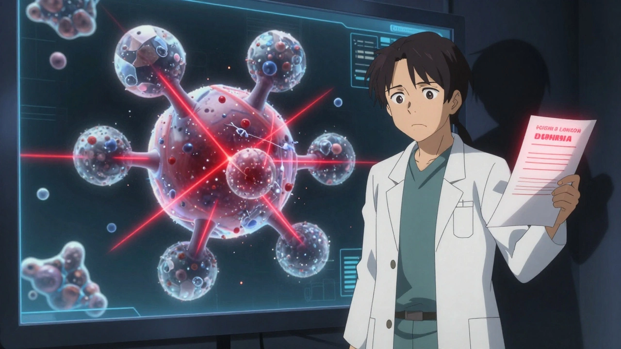 A scientist facing a fragmented peptide molecule with red impurity warnings and a deficiency letter.