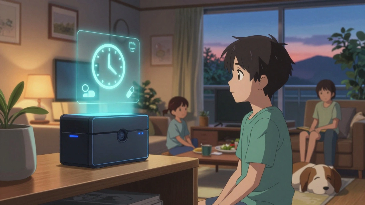 A smart lockbox emitting a holographic alert in a cozy living room as a teenager looks away.