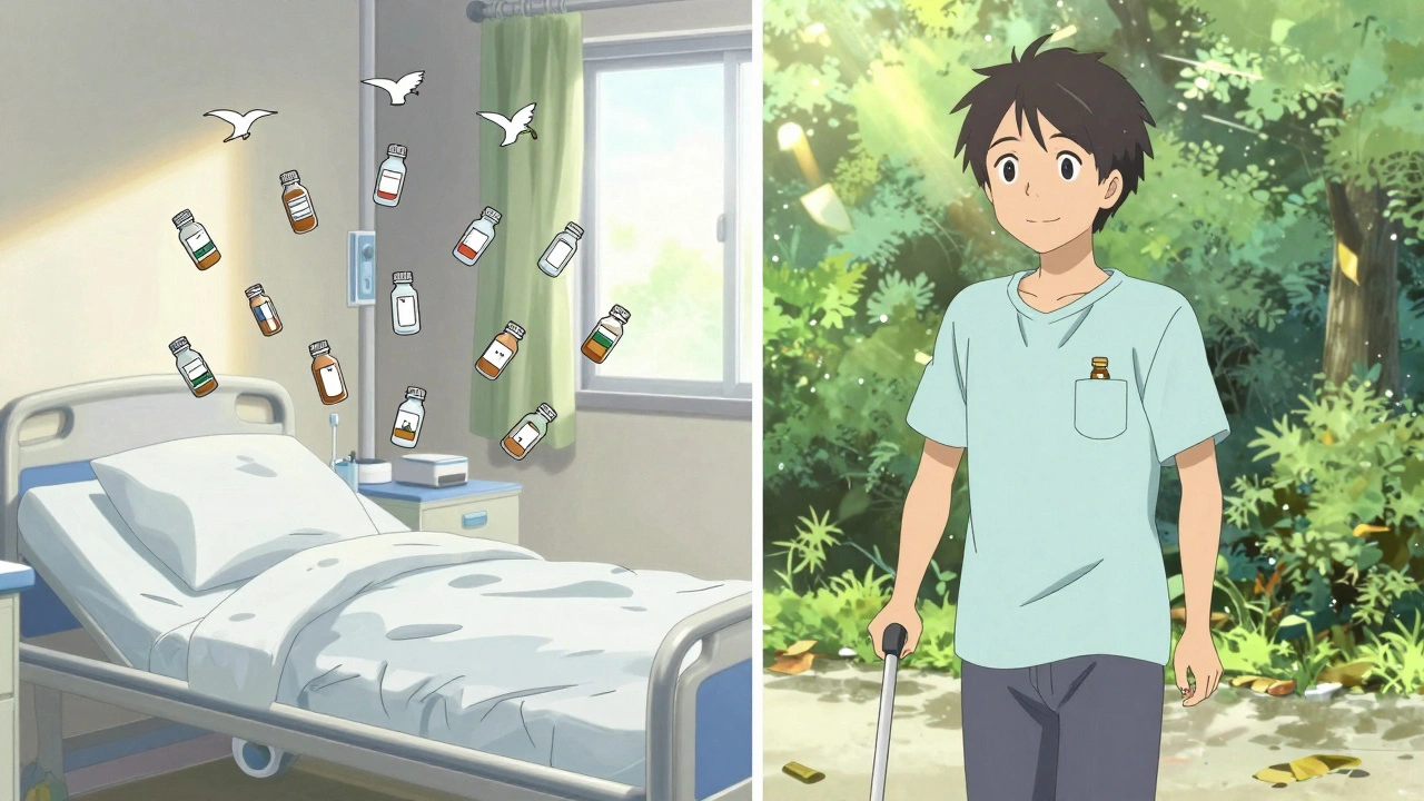 A split scene: chaotic hospital meds dissolving into a peaceful older adult walking outdoors with just one pill.