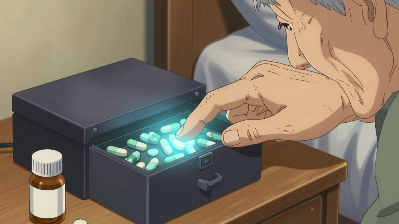 An elderly man using a fingerprint lockbox to access pills, with soft blue light inside the box.