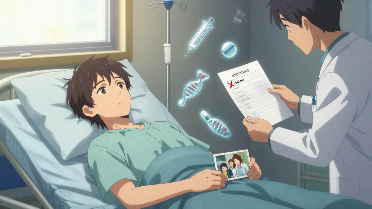 Cancer patient in bed with an empty IV line, doctor holding a list with cisplatin crossed out.