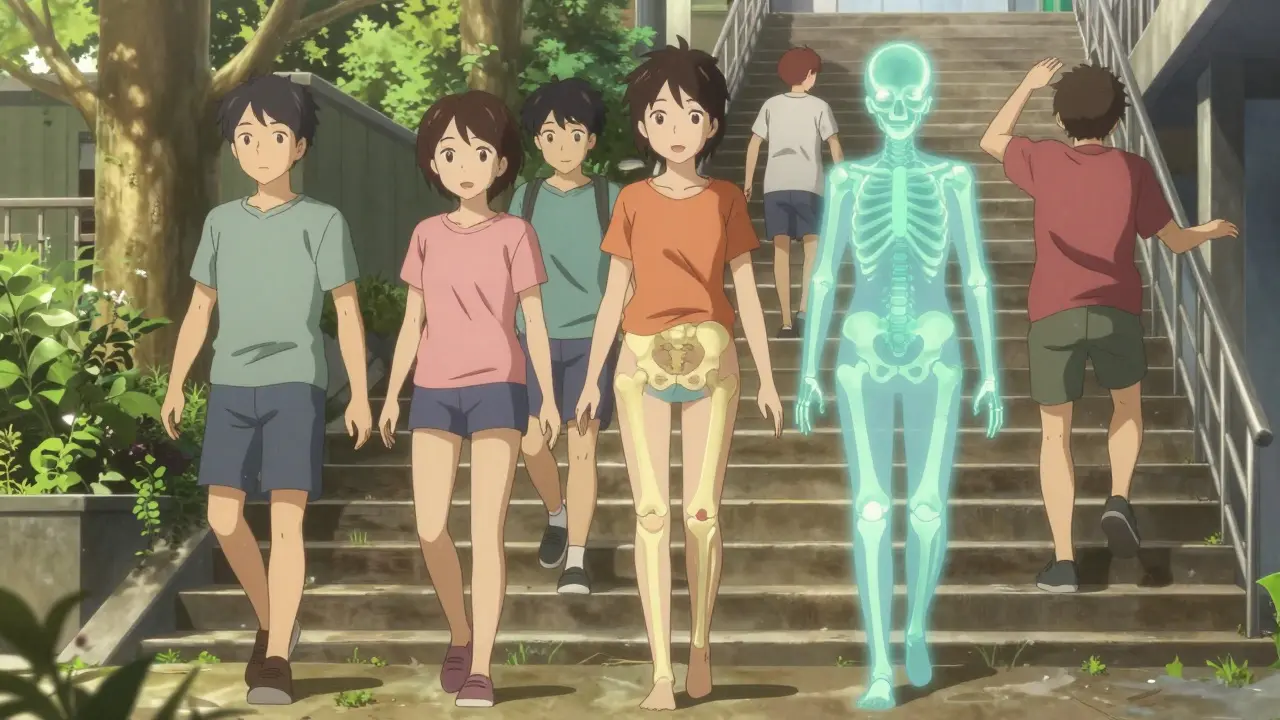 Diverse people exercising with translucent joint damage overlays, glowing with movement and hope.