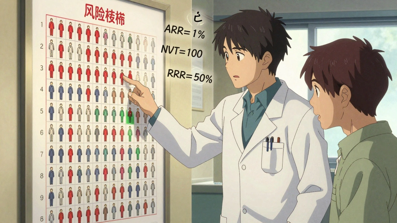 Doctor explains risk using a grid of 100 icons showing benefit and side effects, with math floating nearby.