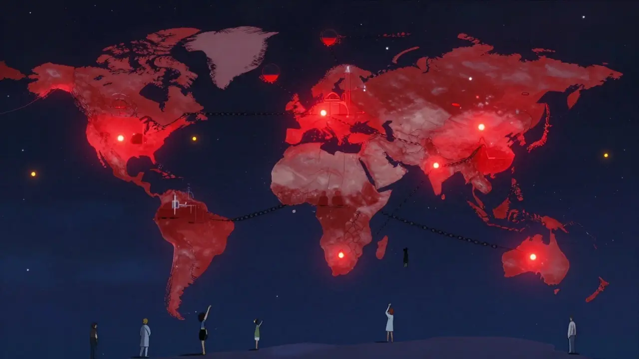 Global supply chain map with snapping chains from India and China to U.S. hospitals under a starry sky.