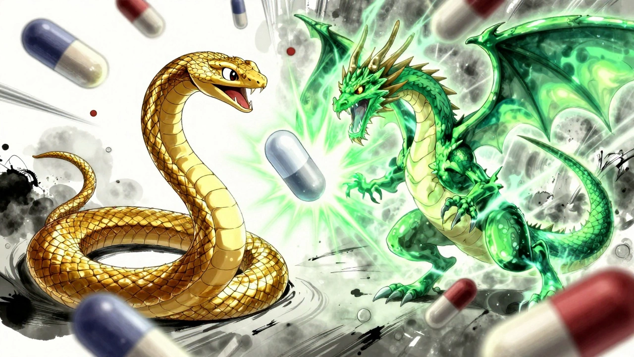 Golden magnesium serpent fighting a green glycinate dragon over a thyroid pill, with antibiotics in the background.