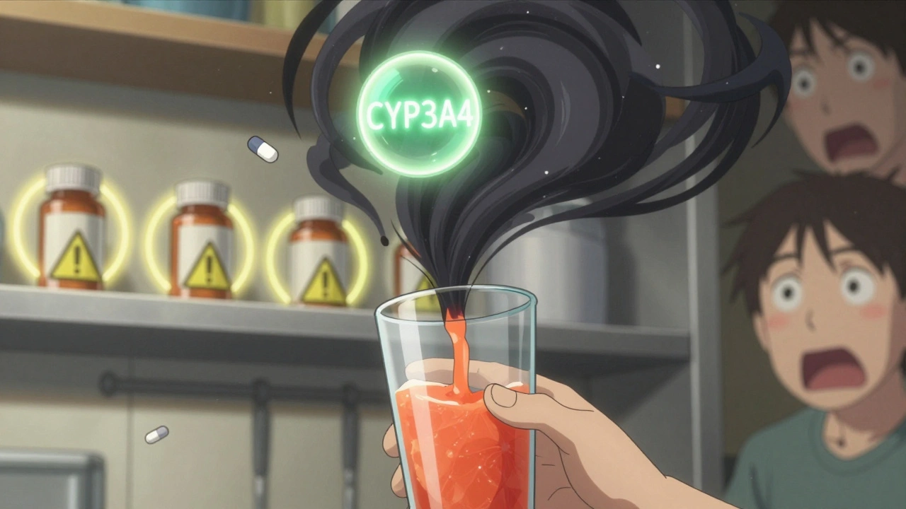 Grapefruit juice forming a dark vortex that blocks a key enzyme while prescription bottles glow with warning halos.