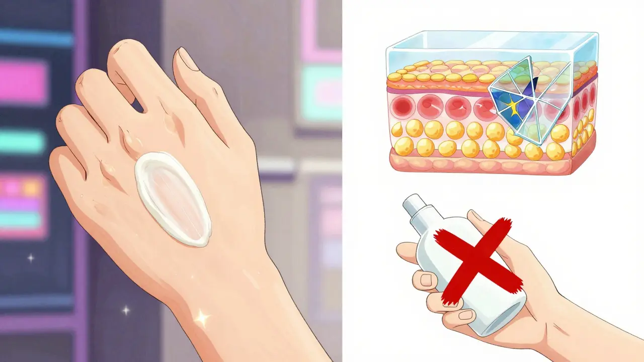 Hand applying ceramide-rich moisturizer as skin barrier repairs itself in glowing detail