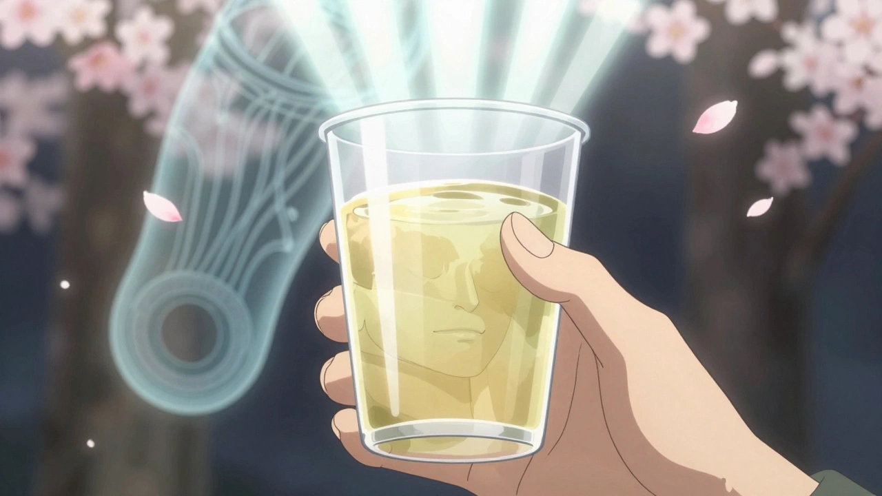 Hand holding clear liquid with radiant clean colon glowing in background