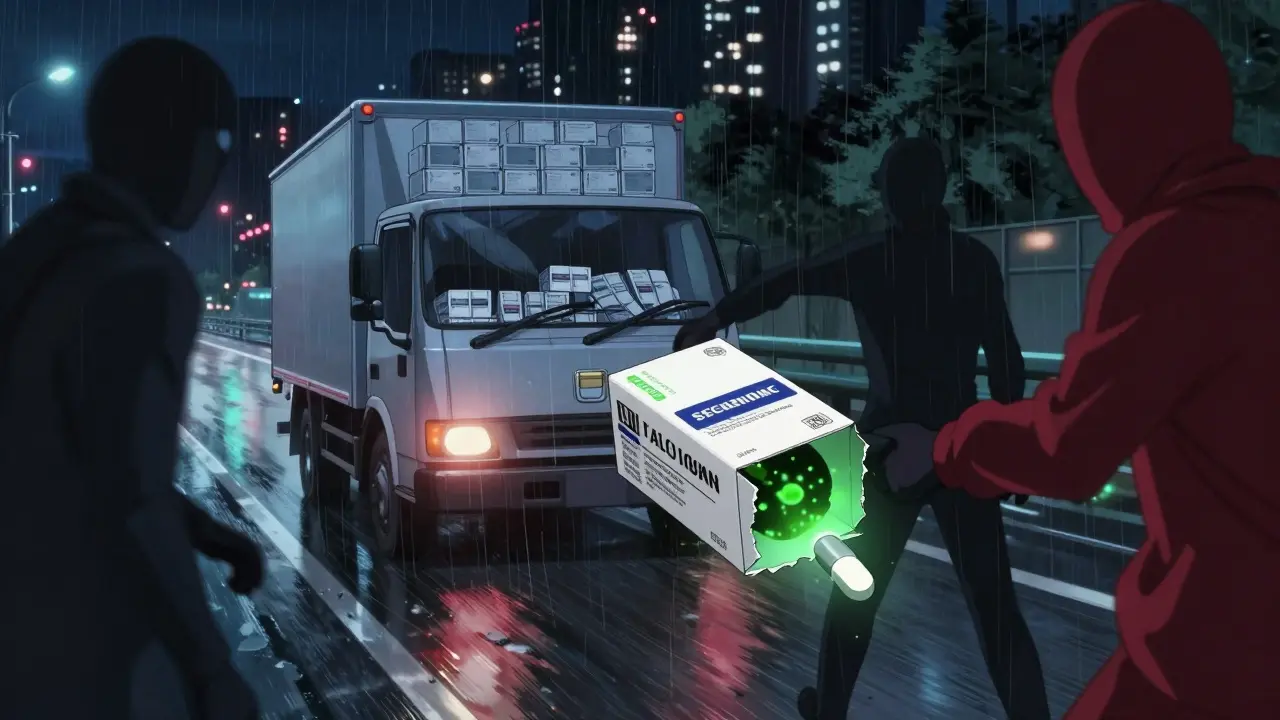 Hijacked truck swapping real antibiotics with fake pills, one pill revealing toxic green insides.