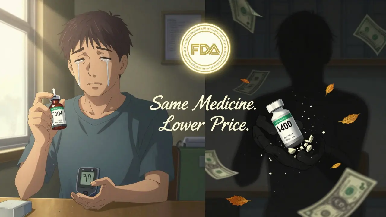 Man holding affordable insulin bottle with stable health metrics, branded bottle crumbling beside him.