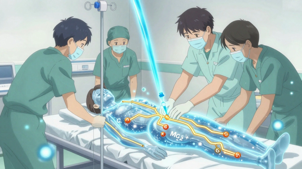 Medical team administering magnesium IV as golden ions repair potassium pathways in a transparent patient body.