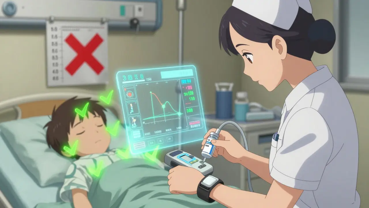 Nurse scanning medication at bedside with holographic weight-dose validation system above sleeping child.