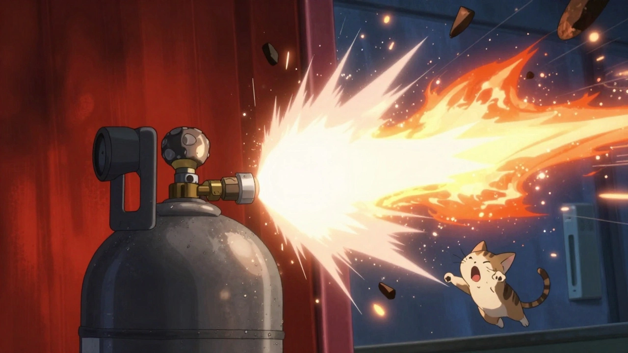 Oxygen cylinder rupturing with fire erupting from sparks near an electric blanket, dynamic anime-style action.