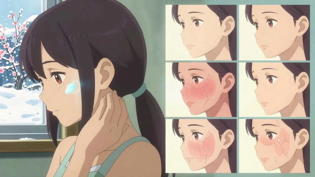 Patch test over 72 hours showing skin healing with seasonal time-lapse backdrop