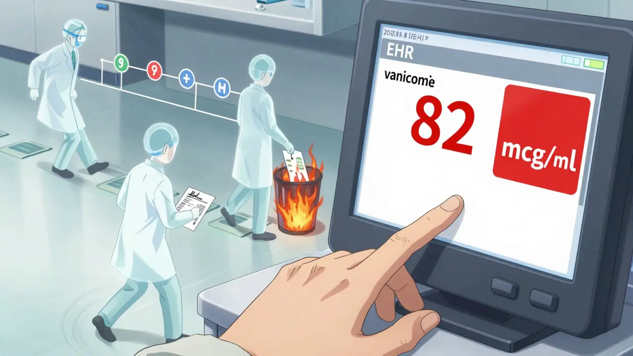 Patient's hand on EHR screen showing dangerously high vancomycin level with ghostly lab workers skipping verification steps.