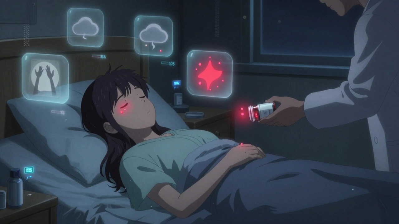 Patient in bed surrounded by floating symptom icons under moonlight.