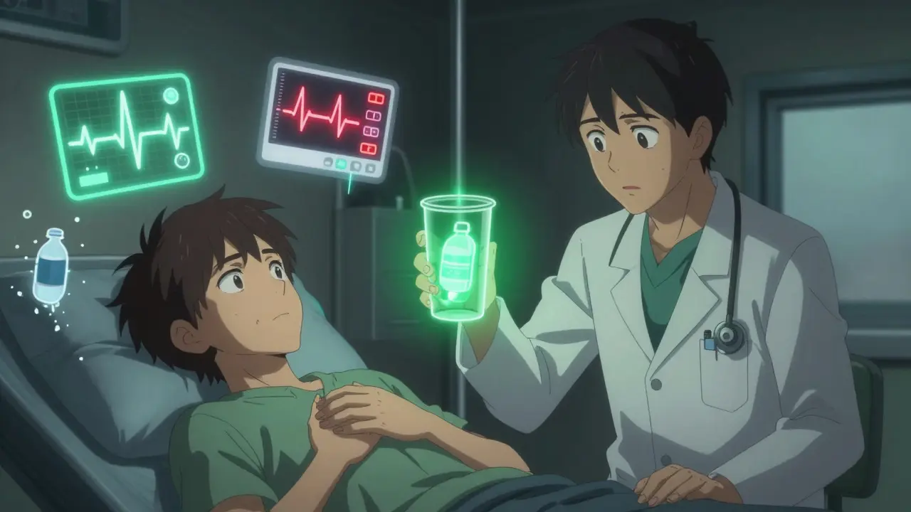 Patient in ER with flashing medical alerts as doctor offers smart water cup