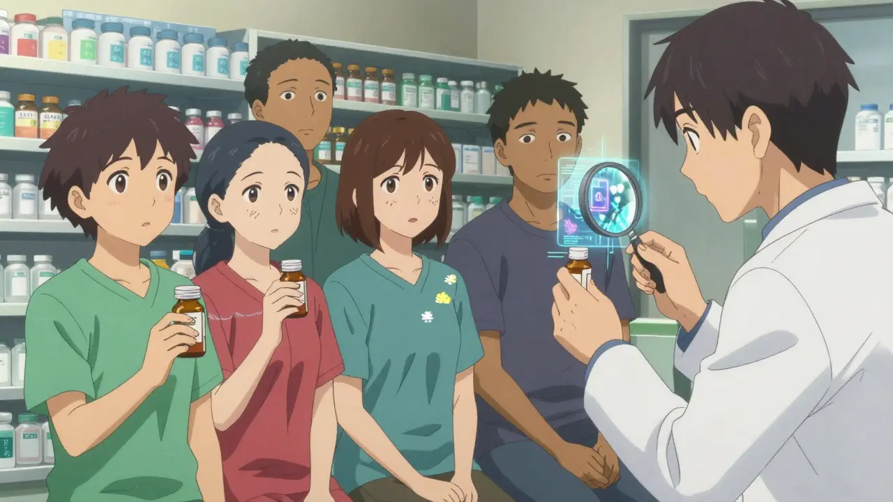 Patients in a pharmacy with subtle pill flaws, pharmacist detecting a cracking AI hologram.