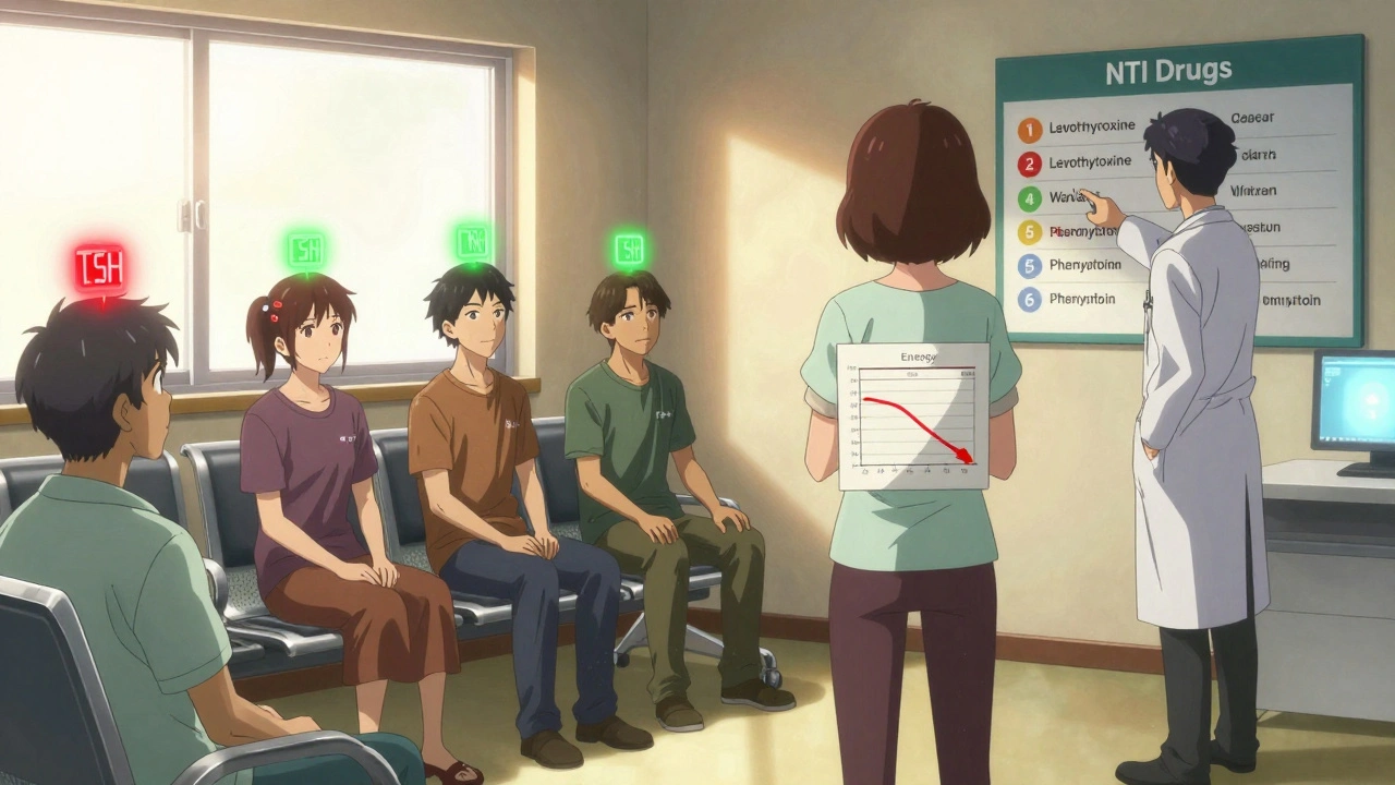 Patients in clinic with glowing biomarkers, doctor pointing to NTI drug chart.