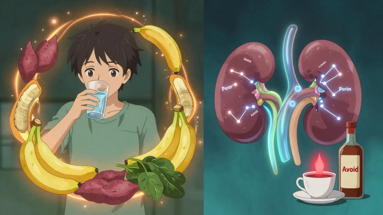 Person hydrating with healthy foods while kidneys glow with electrolytes